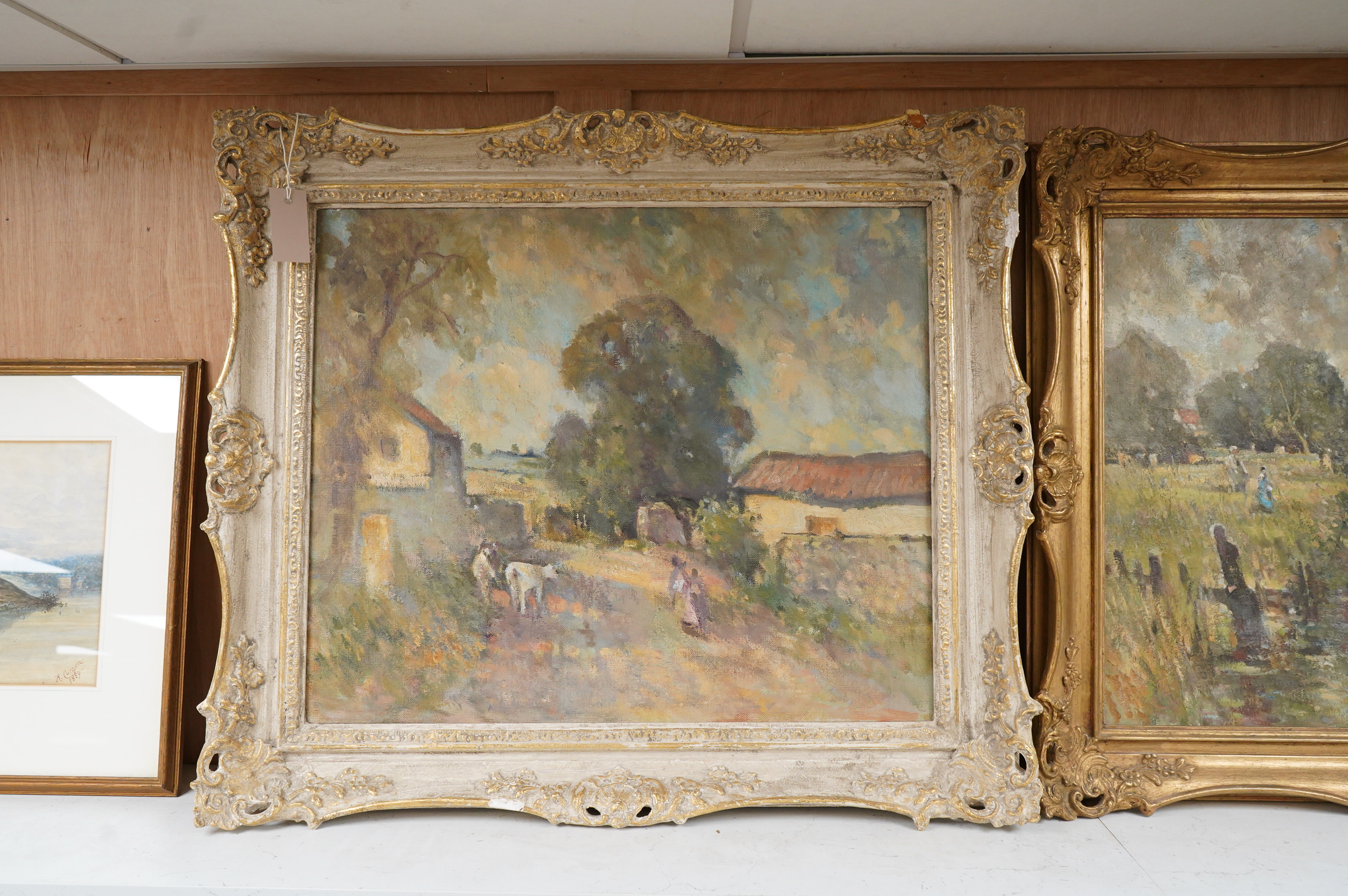 Attributed to John Brown Harrison (1876-1958), River scene with figures and rural landscape with cattle, each unsigned, two oils on canvas, ornately framed, 50 x 60cm